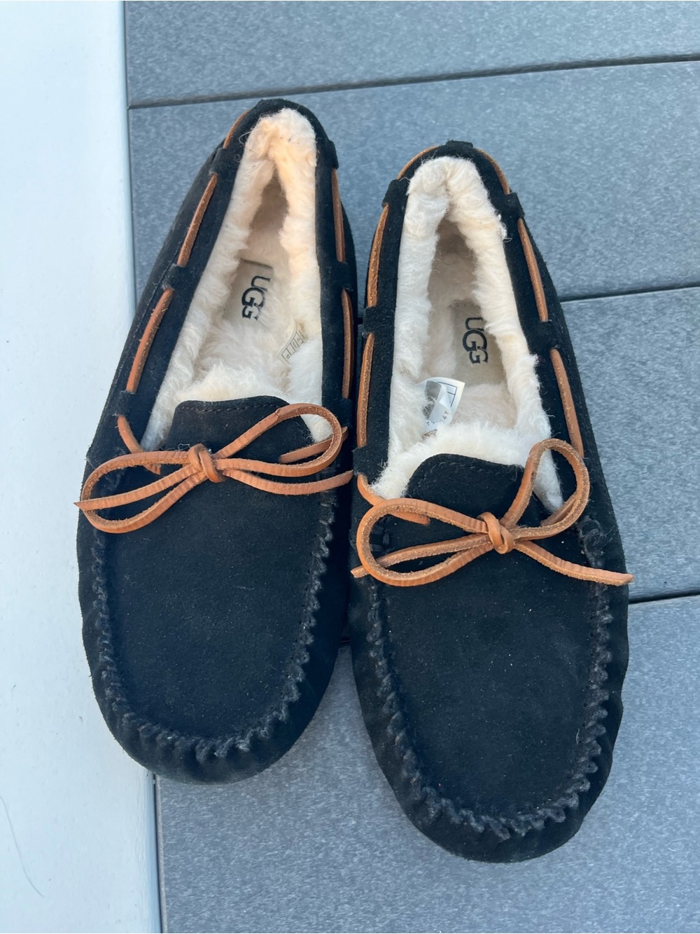 UGG Black Suede Moccasin Slippers with Tan Laces
